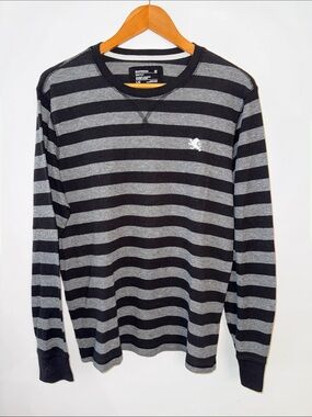 Express Waffle Knit Long Sleeve Shirt Mens Large Black Gray Striped Lion Logo